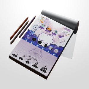 A purple notepad with the words "Sweet Dreams" written in white. The notepad is opened to a page with colorful illustrations and prompts for reflection.