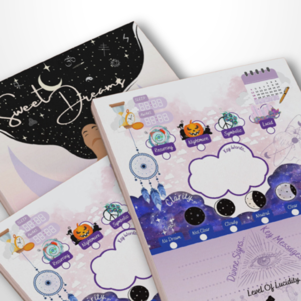 A purple notepad with the words "Sweet Dreams" written in white. The notepad is opened to a page with colorful illustrations and prompts for reflection.