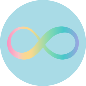 The Rainbow Infinity Sign, symbolizing diversity and inclusion, was first introduced in the 1990s by Judy Singer, an autistic sociologist and parent of an autistic child. This emblem is closely linked with the 'neurodiversity' movement. It can also be found on Rachel M Power's website, where she, who has undiagnosed ADHD, creates content to support individuals facing challenges with traditional black and white text formats.