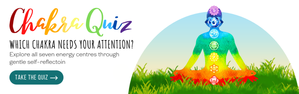 Colourful chakra quiz banner featuring a rainbow-coloured person meditating with seven chakra symbols, inviting visitors to explore which chakra needs their attention through self-reflection.