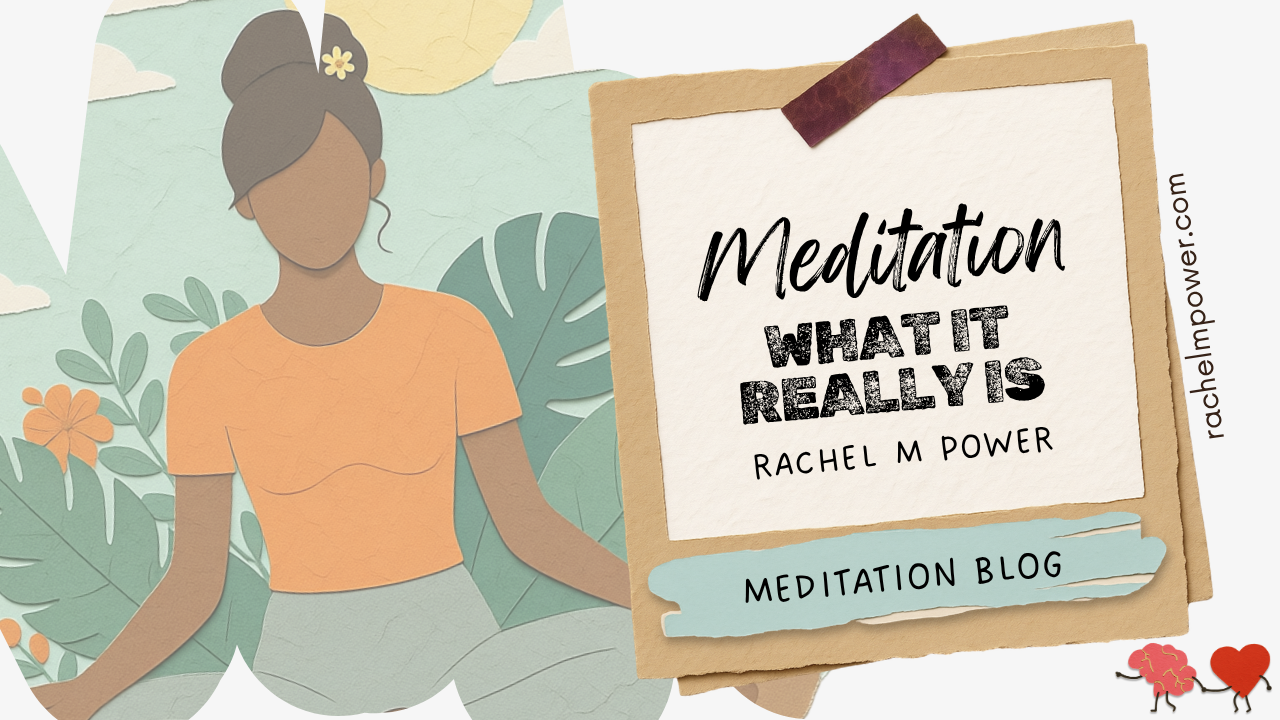 Illustration of a woman meditating with layered paper collage design, alongside the title “What Meditation Really Is” – a beginner-friendly guide to understanding meditation
