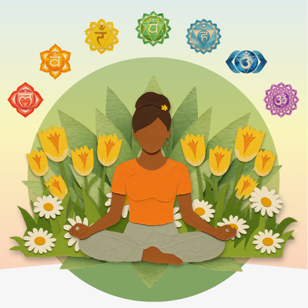 Person meditating with chakra symbols representing body-based meditation and awareness