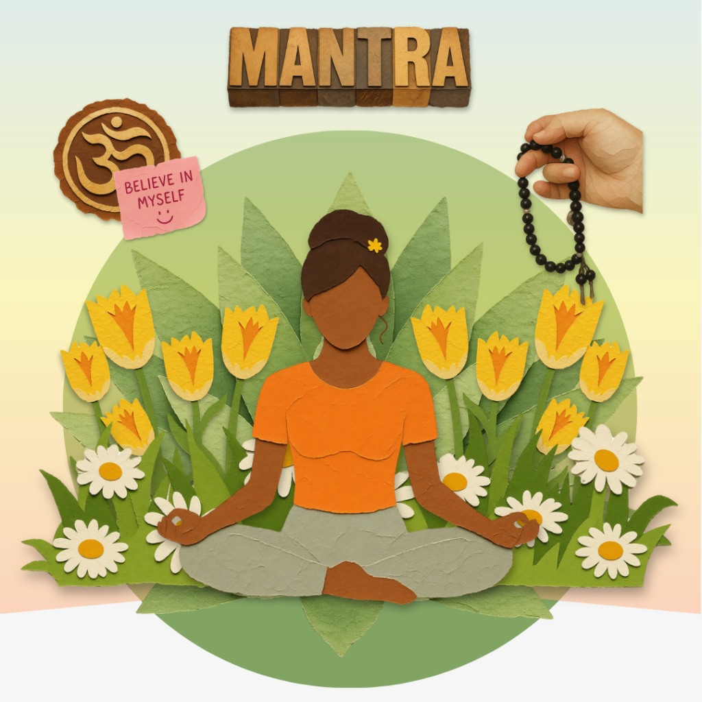 Meditation with mantra symbol and beads representing repetition-based meditation practice