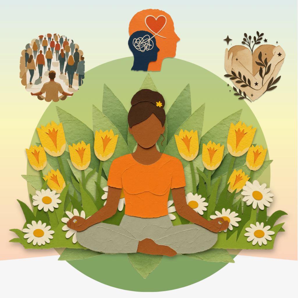 Person meditating with brain and awareness symbols representing mindfulness meditation