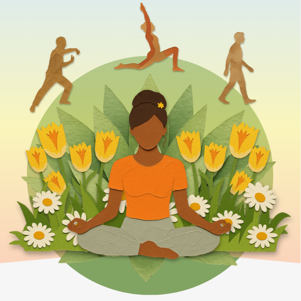 People walking and stretching representing movement meditation practices like walking and yoga
