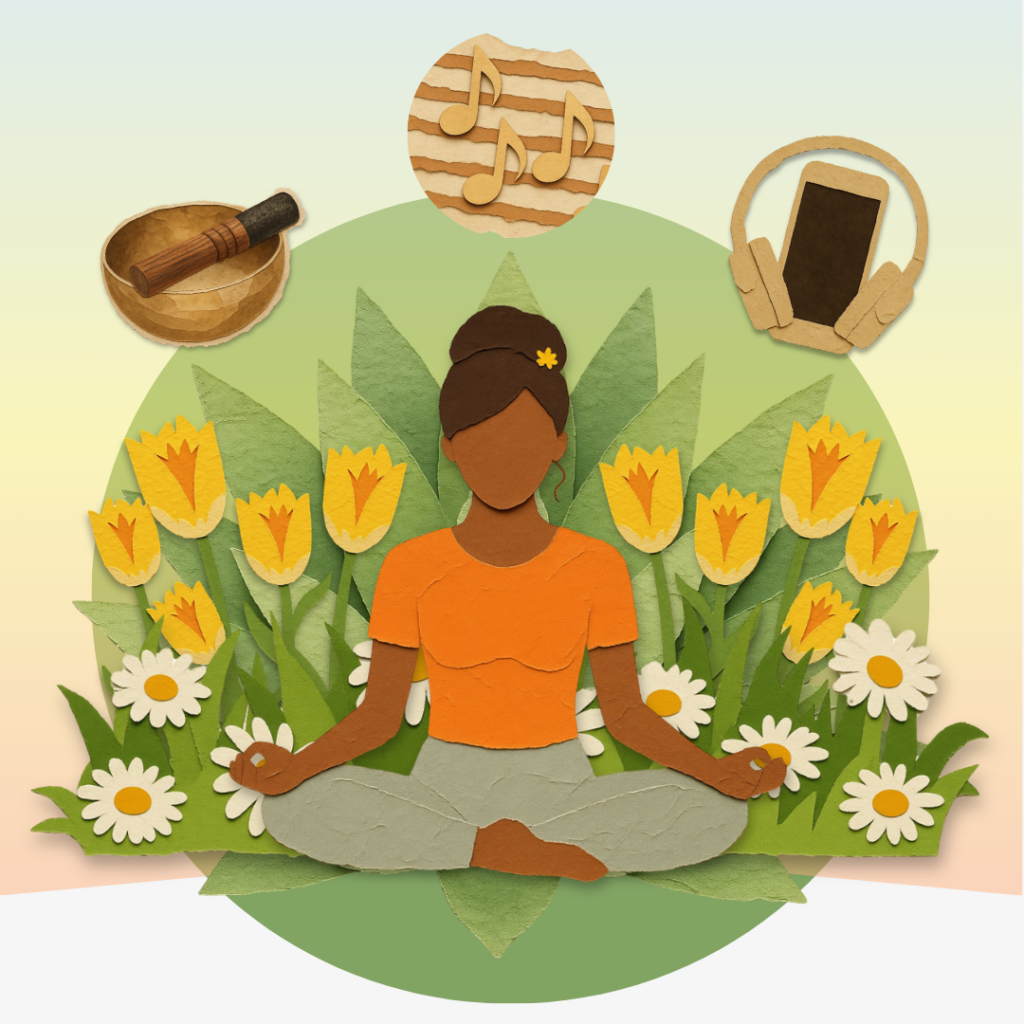 Singing bowl, music notes, and headphones representing sound meditation