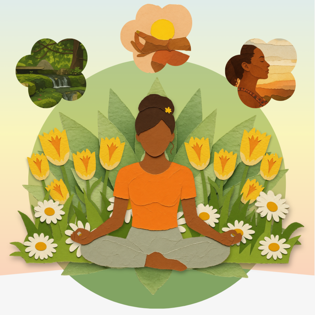 Person meditating with peaceful nature and sunset imagery representing visualisation meditation