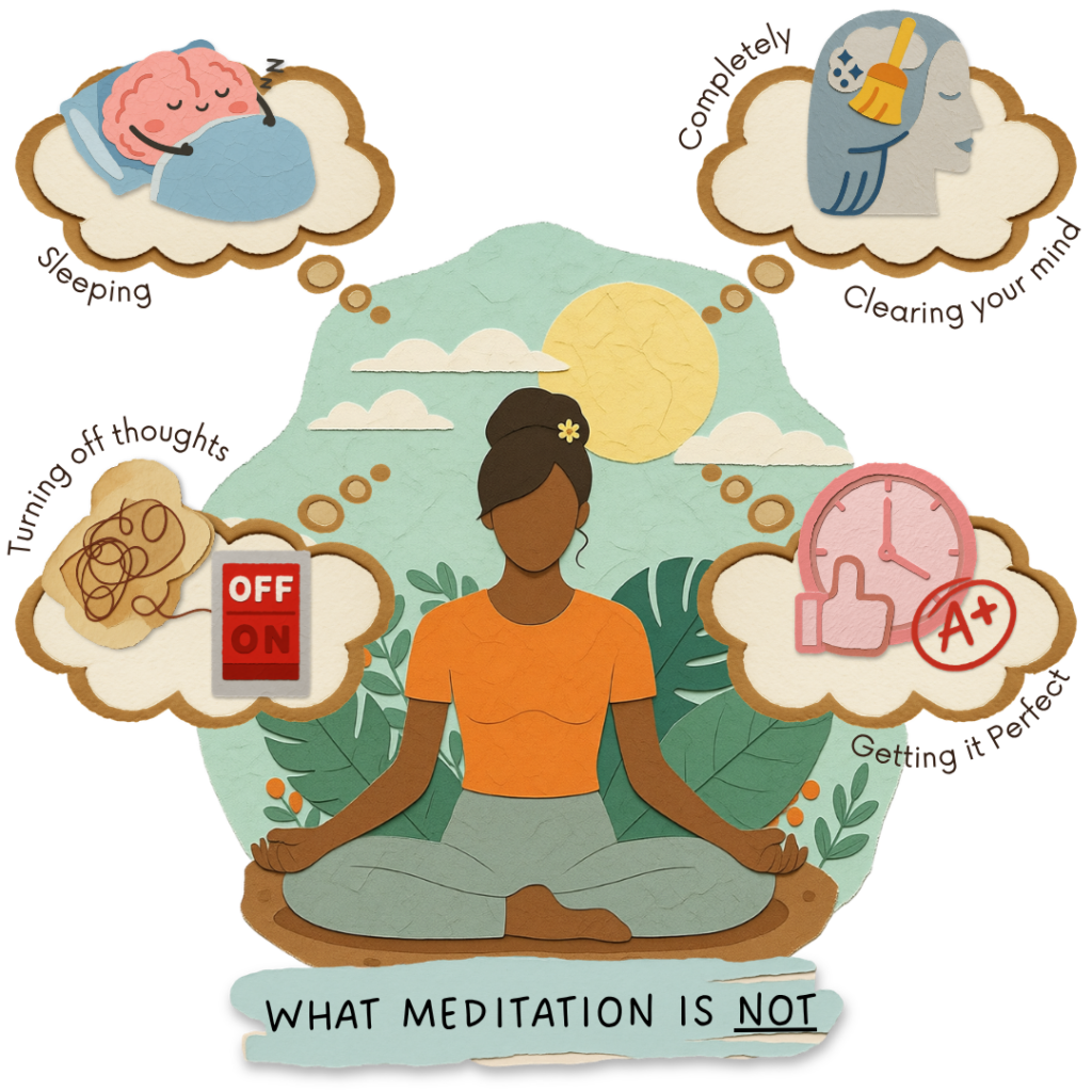 Illustration showing common misconceptions about meditation, including sleeping, clearing the mind, turning off thoughts, and trying to be perfect