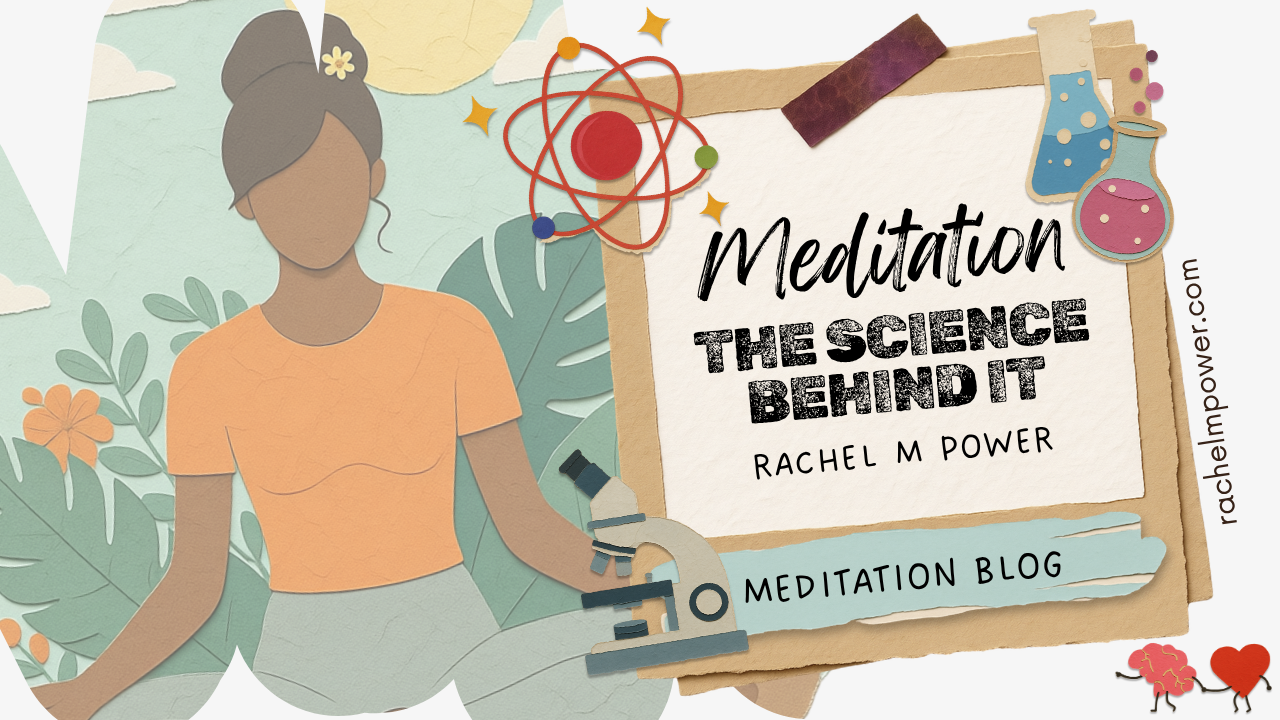 Woman meditating in a collage-style illustration representing the science behind meditation