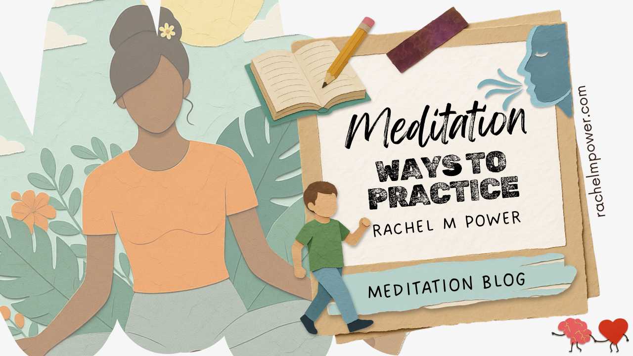 Collage-style illustration showing different ways to practice meditation with journal and breathing elements