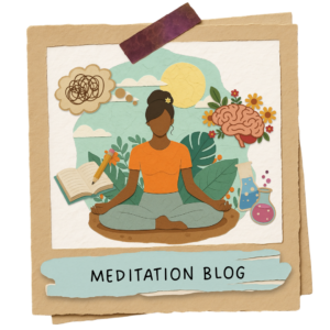 Illustration of a woman meditating with icons representing journaling, breath, brain awareness, and wellbeing in a beginner meditation guide