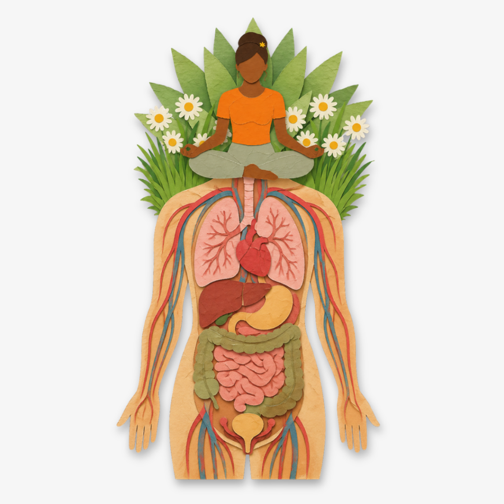 Paper-cut style illustration of a woman meditating above a human body showing internal organs, representing the connection between mindfulness and physical health