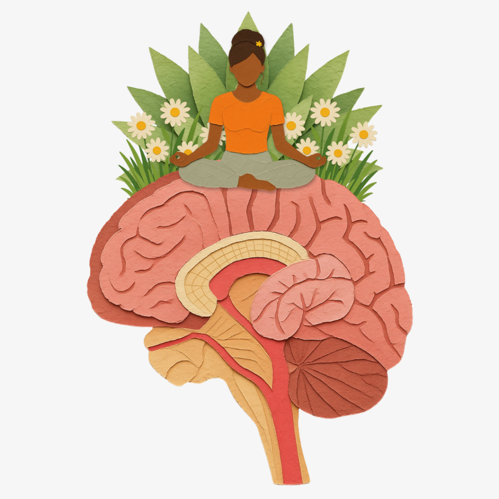 Woman meditating above a brain in a collage-style illustration representing meditation and brain function