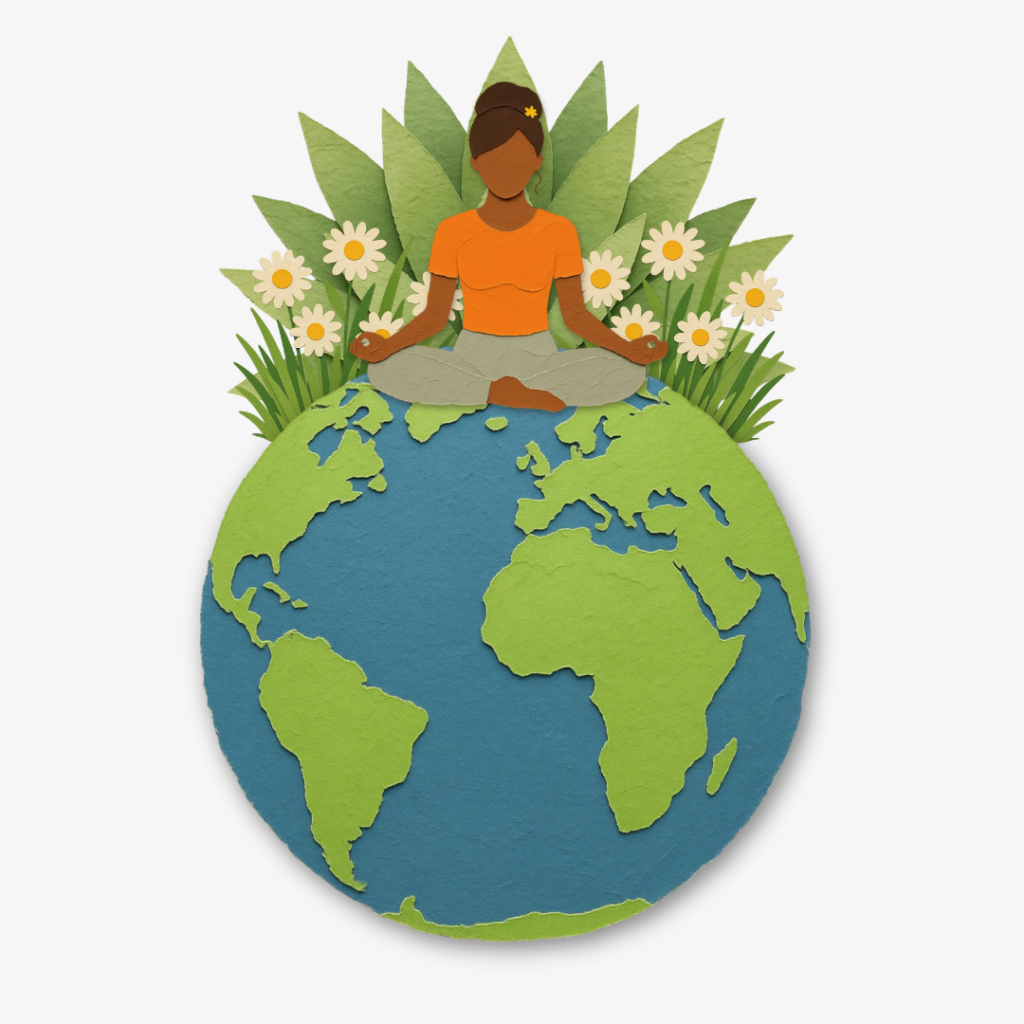 Paper-cut style illustration of a woman meditating above the Earth surrounded by plants and flowers, representing global wellbeing, collective consciousness, and the impact of meditation