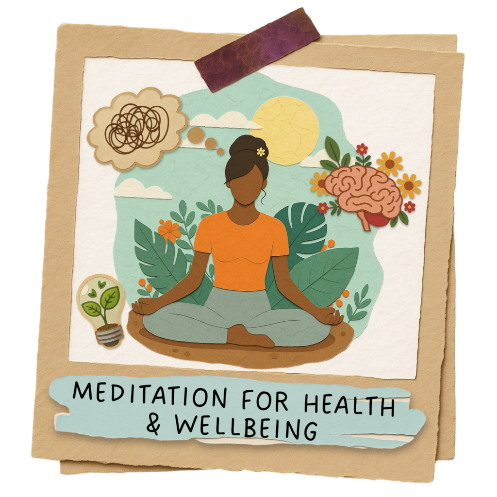 Illustration of a woman meditating with symbols of brain health, energy, and wellbeing to show meditation benefits for mind and body