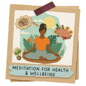 Illustration of a woman meditating with symbols of brain health, energy, and wellbeing to show meditation benefits for mind and body