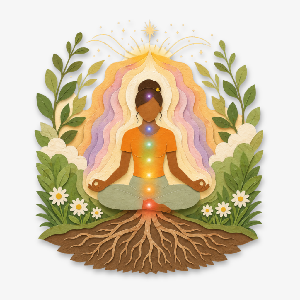 Paper-cut style illustration of a woman meditating with glowing energy centres, roots grounding into the earth and light expanding upward, representing spiritual awareness and connection
