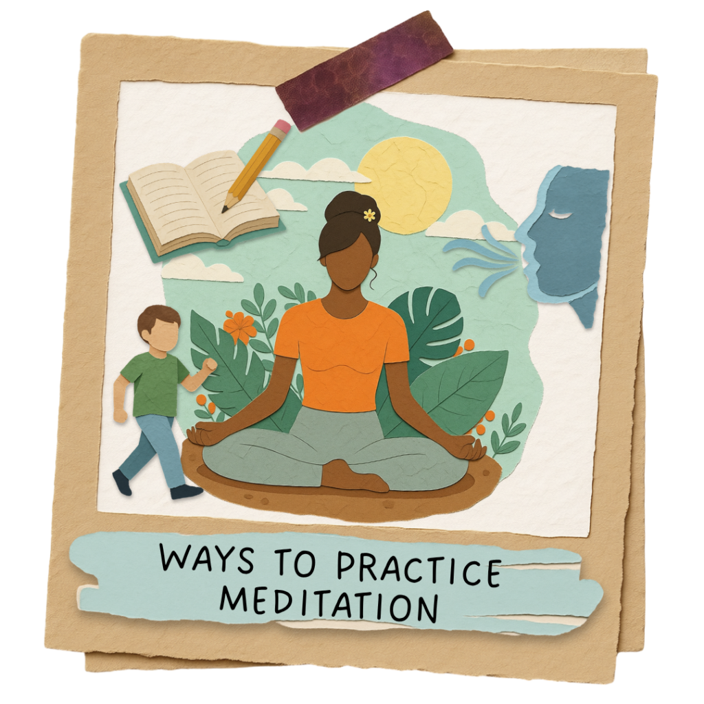 Illustration of a woman meditating with symbols of journaling, walking, and breathing to show different ways to practice meditation