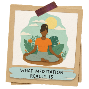 Illustration of a woman meditating with symbols of awareness, thoughts, and calm to represent what meditation really is