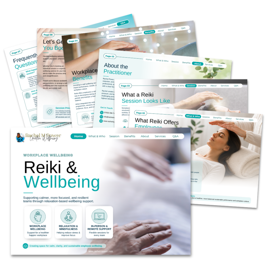 Preview of Rachel M Power workplace wellbeing Reiki brochure showing employee wellness, stress reduction, mindfulness support, and workplace Reiki services.