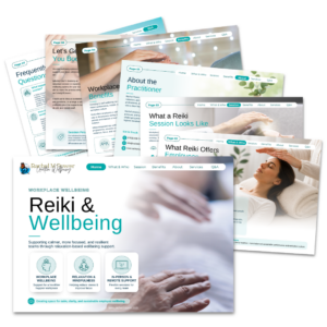 Preview of Rachel M Power workplace wellbeing Reiki brochure showing employee wellness, stress reduction, mindfulness support, and workplace Reiki services.