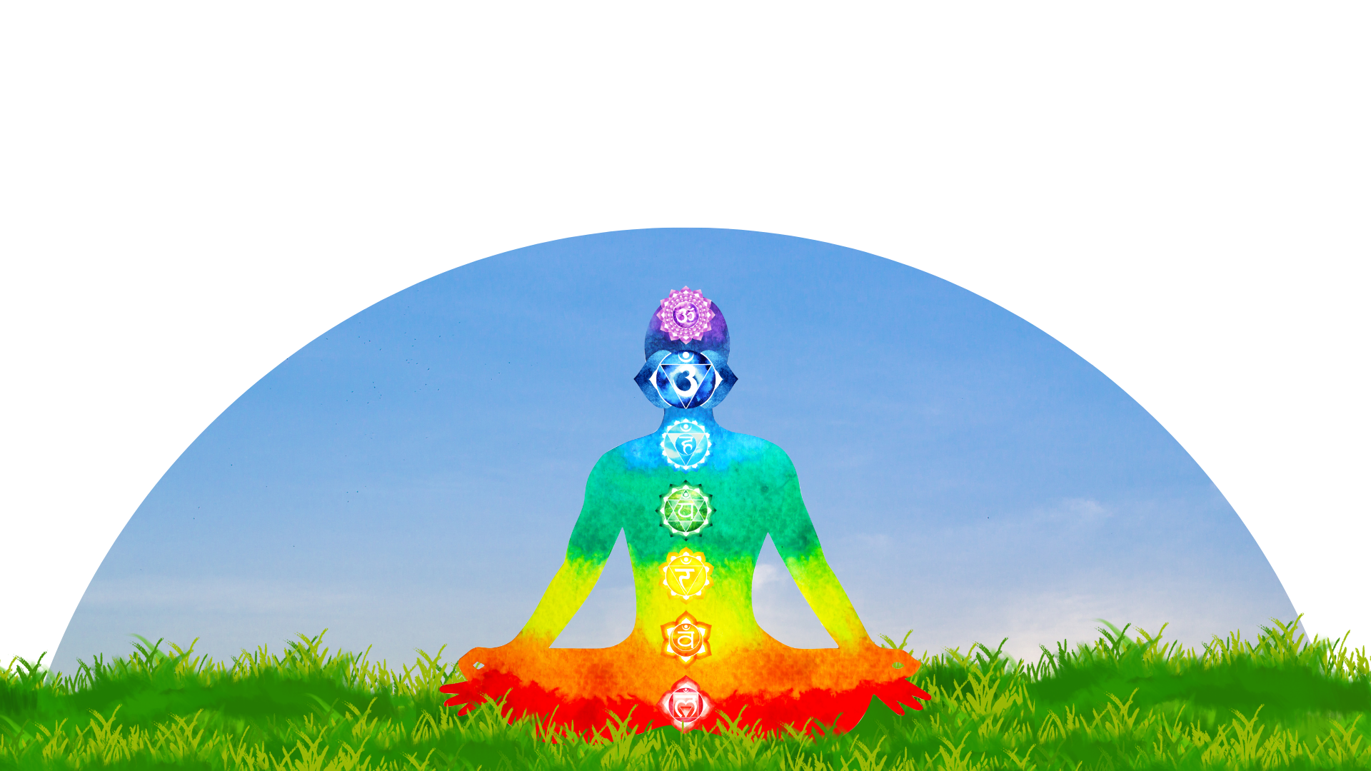 Person meditating outdoors with the seven chakra symbols aligned through the body, representing energy healing, chakra balancing, mindfulness, meditation, and holistic wellbeing.