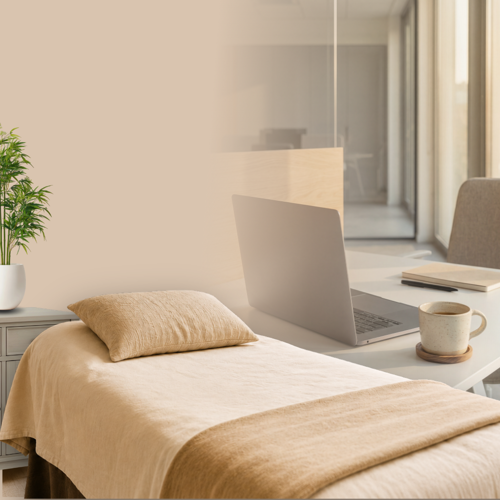 Professional workplace wellbeing treatment area featuring a therapy couch, laptop, notebook, and calming office environment designed for employee wellbeing, relaxation, mindfulness, and Reiki sessions.