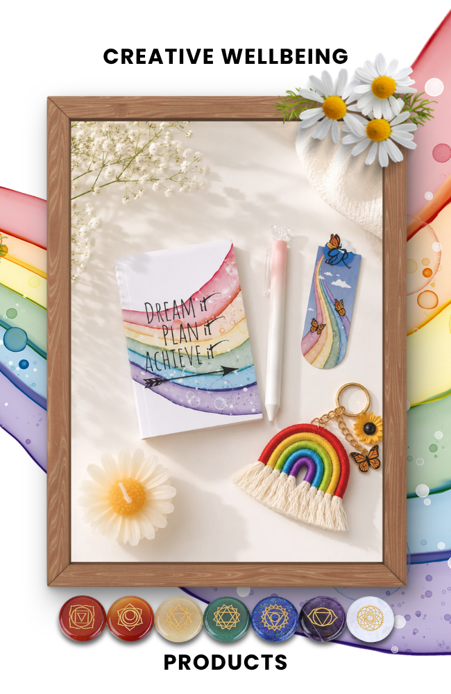 Creative wellbeing products including journals, notebooks, bookmarks, workbooks, and self-development tools designed by Rachel M Power.