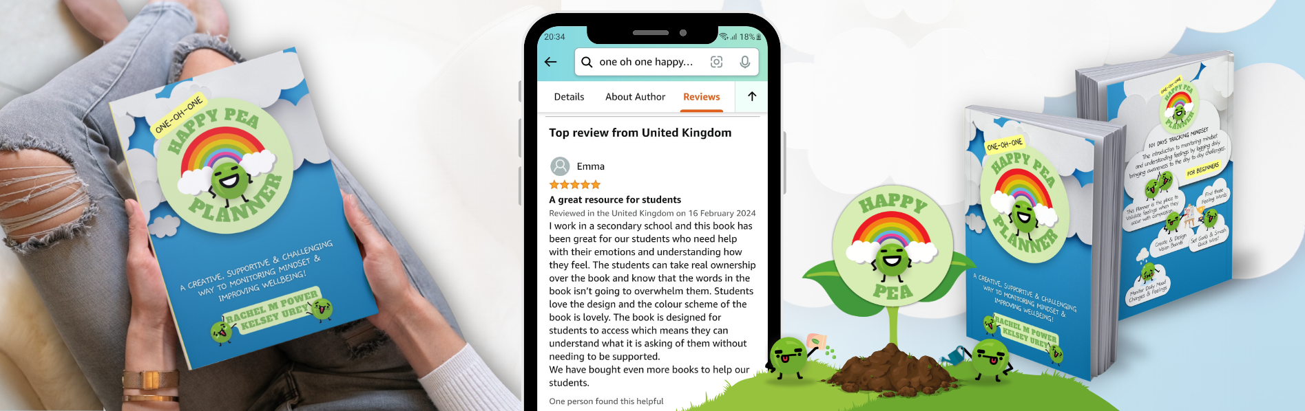 Happy Pea Planner workbook designed for emotional wellbeing, self-reflection and mindset support with customer reviews and book mockups.