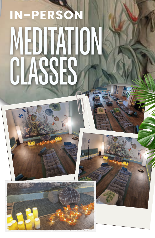 Calm meditation studio set up for in-person meditation classes with floor cushions, soft lighting, candles, and a relaxing wellbeing environment.