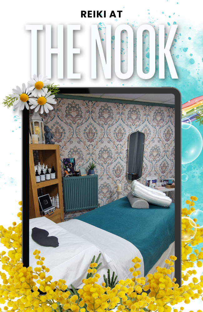 In-person Reiki treatment room with therapy couch, crystals, and wellbeing tools used during Reiki sessions in Tewkesbury.