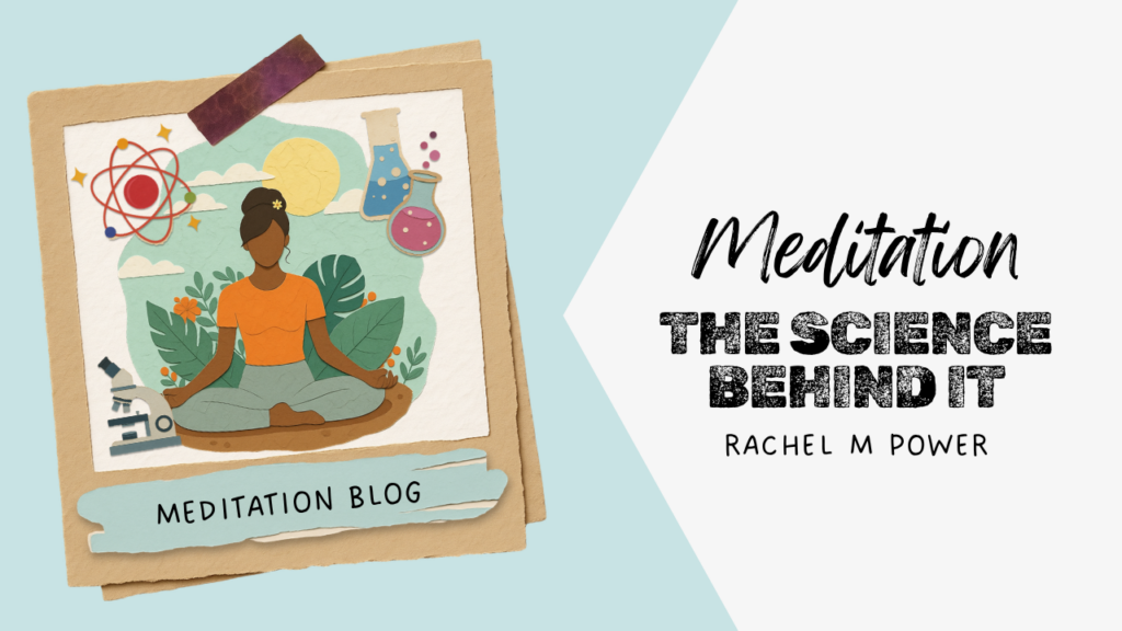 Meditation illustration featuring scientific icons representing research into mindfulness and brain health.