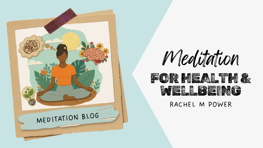 Meditation blog cover featuring an illustrated person meditating surrounded by nature, wellbeing symbols, and mindfulness imagery promoting mental health, relaxation, and self-awareness.