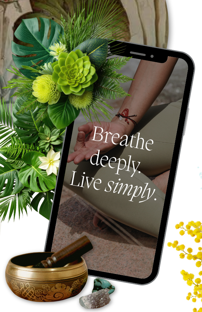 Person practising mindfulness meditation with inspirational message encouraging calm breathing, simplicity, and self-care.