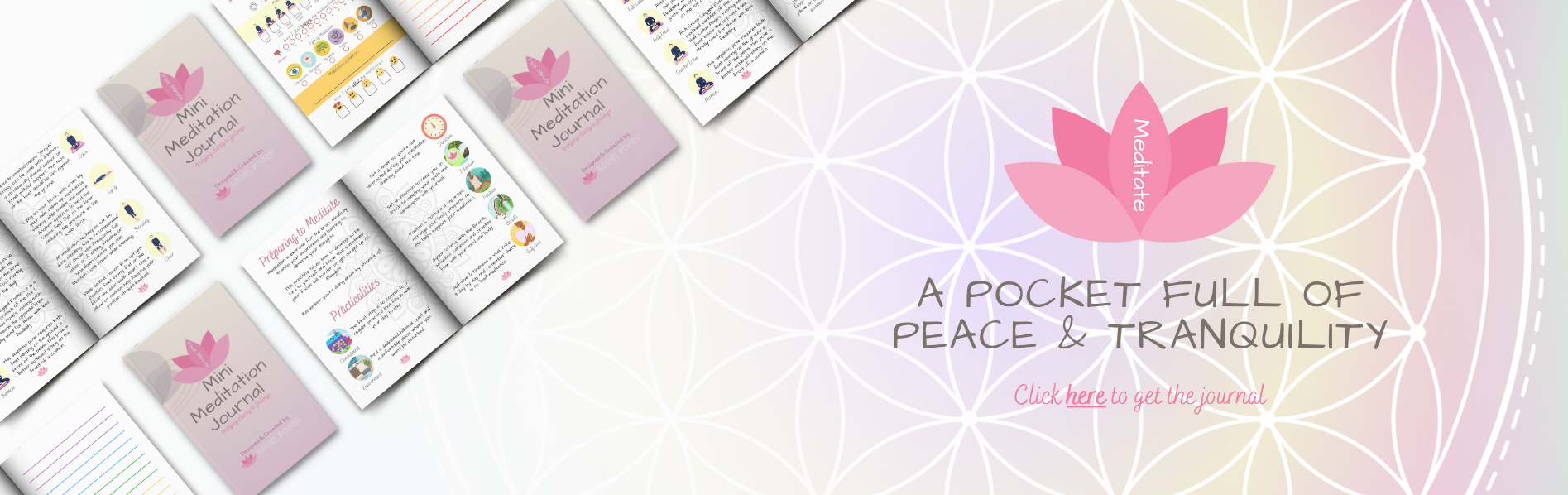 Mini Meditation Journal by Rachel M Power displayed with sample pages and lotus flower artwork promoting mindfulness and daily meditation.