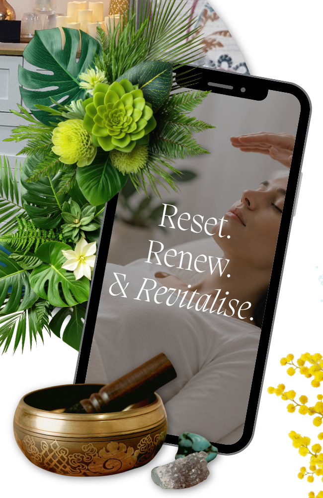 Woman receiving Reiki treatment representing deep relaxation, energy balancing, stress relief, and wellbeing support.