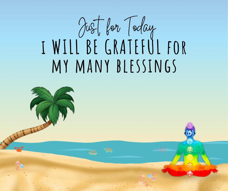 Reiki principle illustration reading Just for Today I Will Be Grateful for My Many Blessings, with a meditating chakra figure beside the sea.