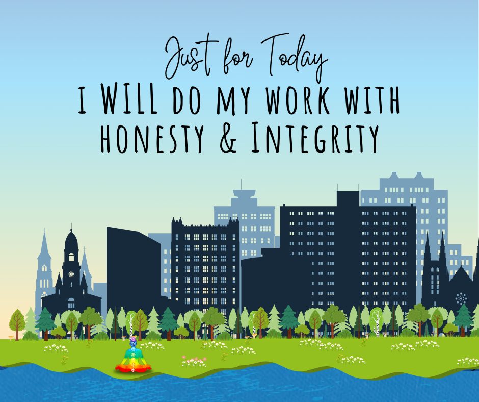 Reiki principle illustration reading Just for Today I Will Do My Work with Honesty and Integrity, shown above a city landscape.