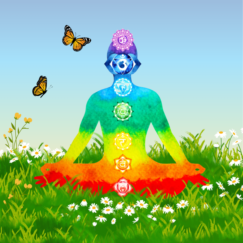 Colourful meditating figure with the seven chakra symbols, surrounded by grass, daisies and butterflies.