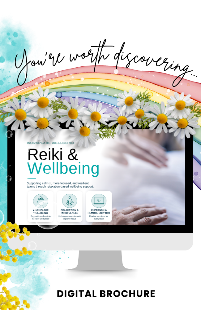 Digital workplace wellbeing brochure showcasing Reiki, mindfulness and employee wellbeing services for businesses by Rachel M Power.