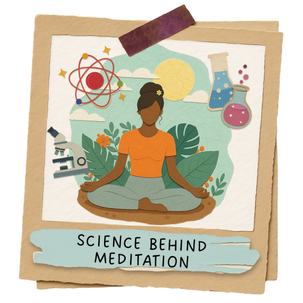 Illustration of a woman meditating with science symbols including brain, atoms, and research icons showing the science behind meditation