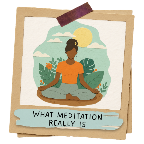 Illustration of a woman meditating with symbols of awareness, thoughts, and calm to represent what meditation really is