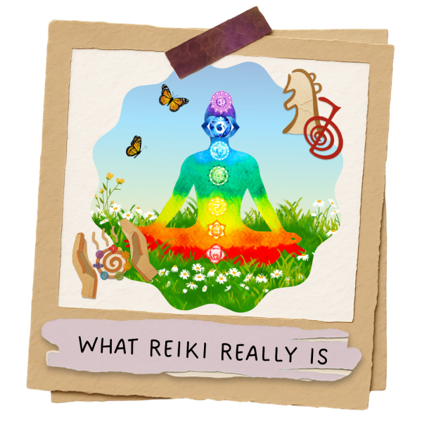 What Reiki Really Is illustration featuring a meditating figure with seven chakra symbols and Reiki imagery.